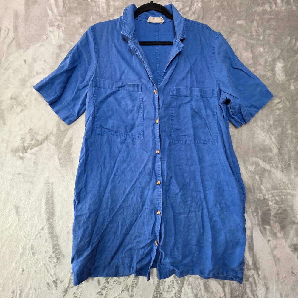 Everlane Women Blue 100% Linen Short Sleeve Button Front Shirt Dress Large